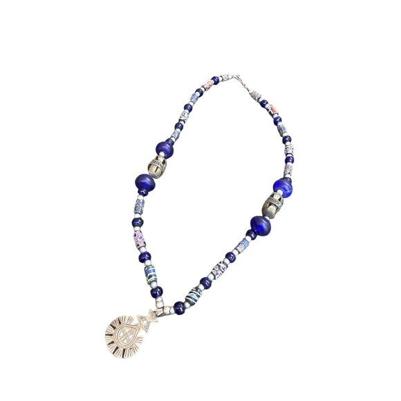 Handmade Blue Beaded Necklace with Silver Pendant Unique Artisan Jewelry Bohemia - Picture 4 of 11